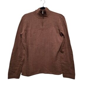 NILS Women Cable Knit Sweater LG 1/4 Zip Mock Neck Light Brown Stretch Apres Ski